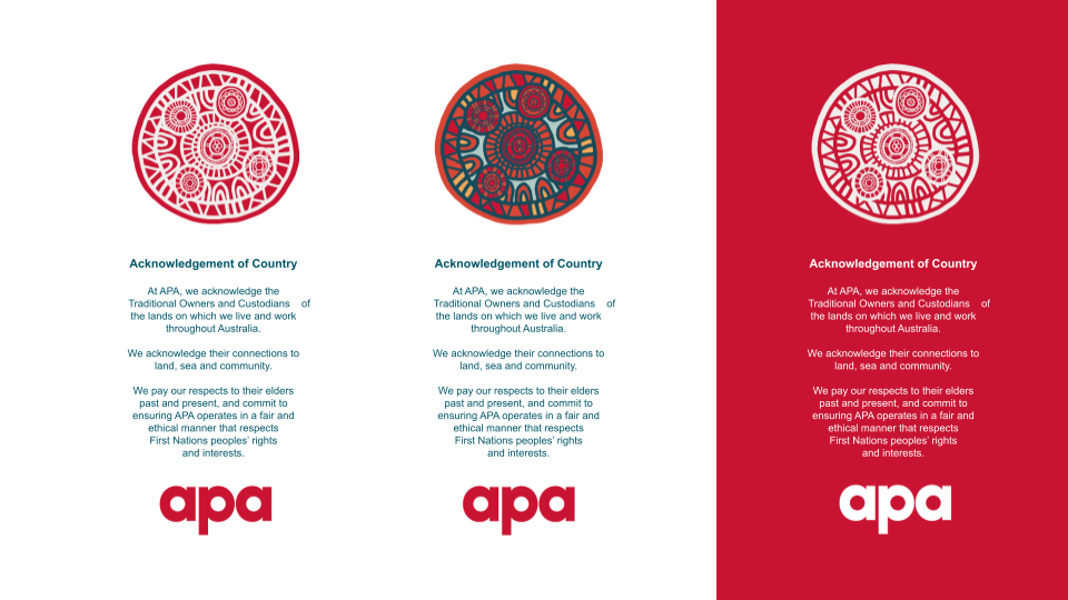 Indigenous Reconciliation Action Plan acknowledgement brand design for APA