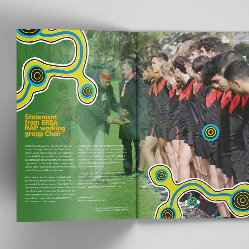 Two-page brochure spread: a rugby team lined up on the right and a bright abstract yellow–blue graphic on the left, with a headline about the RAP working group chair.