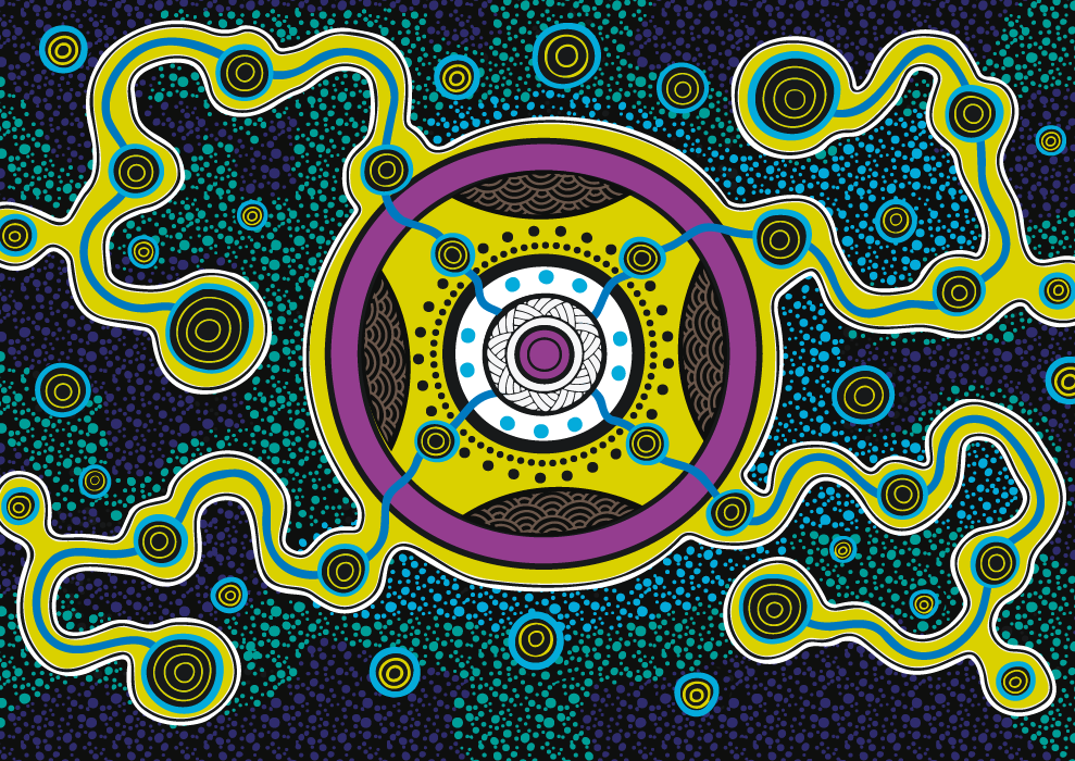 Abstract circular central motif with concentric rings and blue connector lines on a dotted teal background in bright yellow, purple, and turquoise hues.